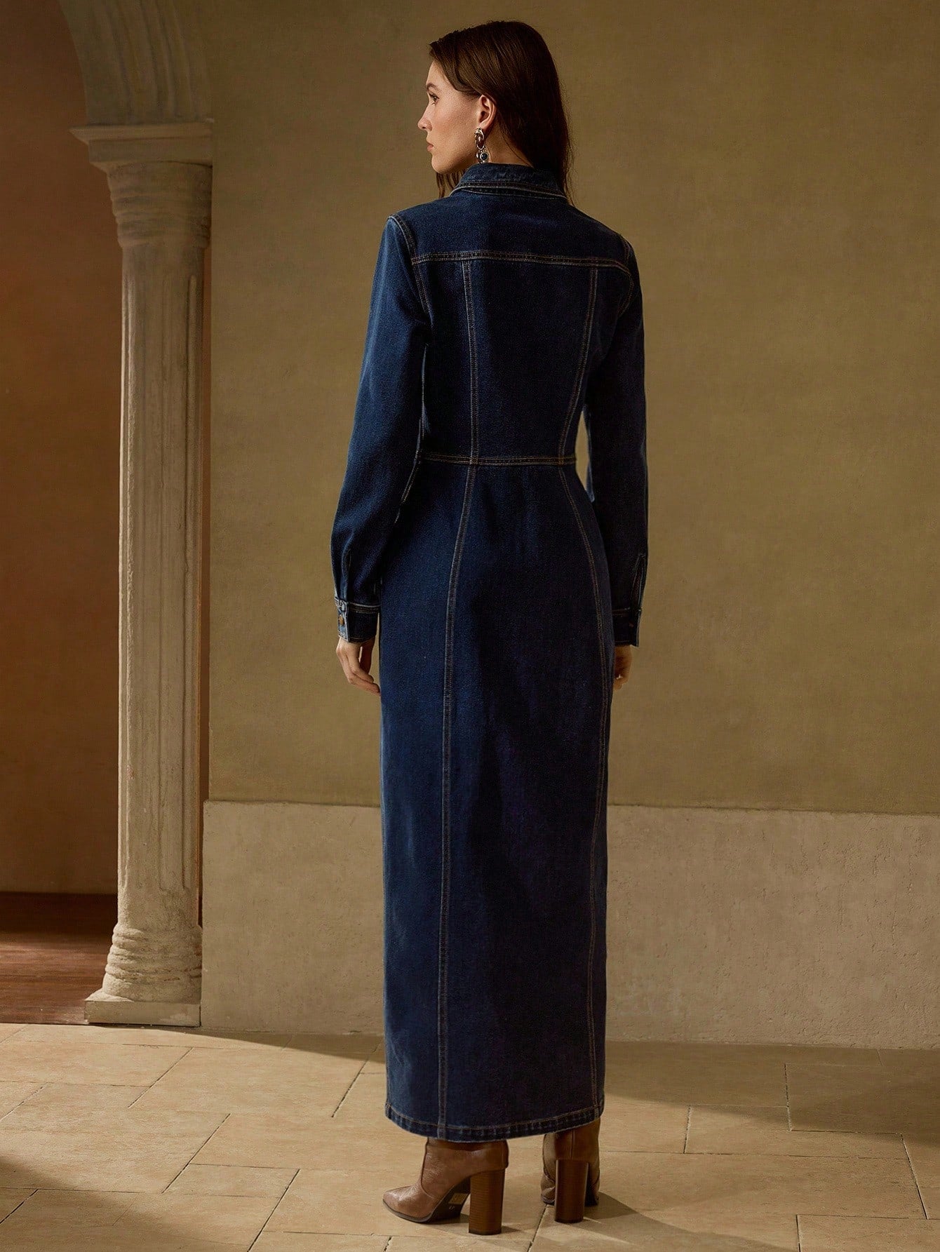 Collared Waist Cinched Solid Color Denim Dress