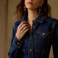 Collared Waist Cinched Solid Color Denim Dress