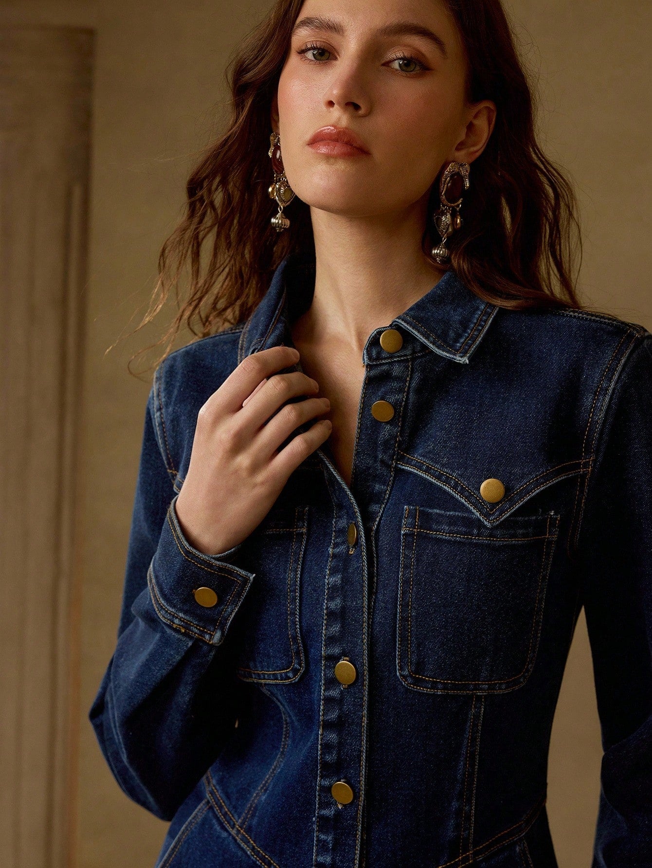 Collared Waist Cinched Solid Color Denim Dress