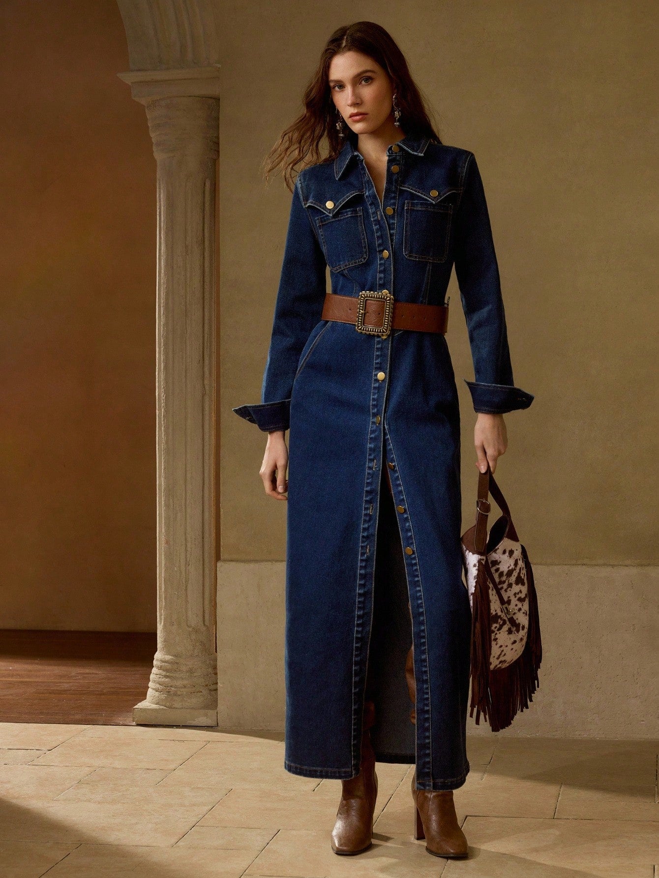 Collared Waist Cinched Solid Color Denim Dress