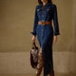 Collared Waist Cinched Solid Color Denim Dress