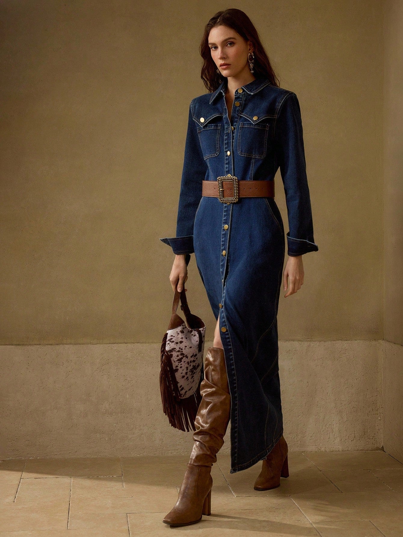 Collared Waist Cinched Solid Color Denim Dress