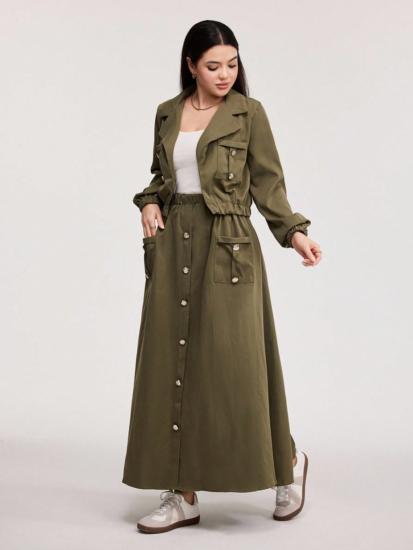 2pcs Set- Jacket With Stand Collar & Waist Gathering Skirt