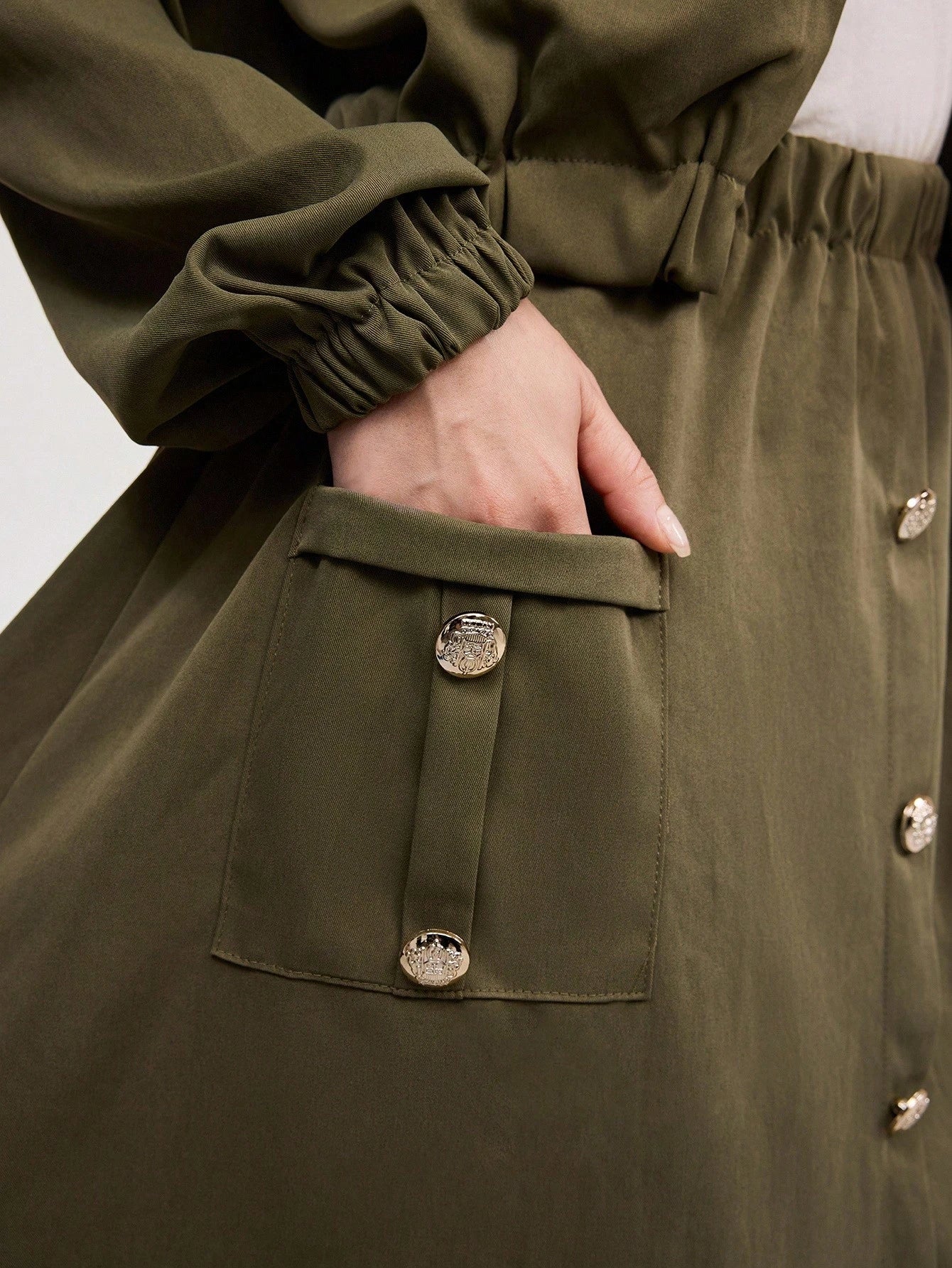 2pcs Set- Jacket With Stand Collar & Waist Gathering Skirt