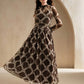Brown Waist Cinched Graphic Print Flared Dress With Belt
