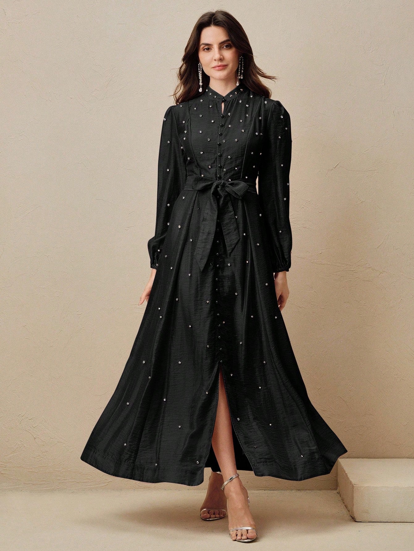 Women's Long Dress With 3D Rhinestone Decor