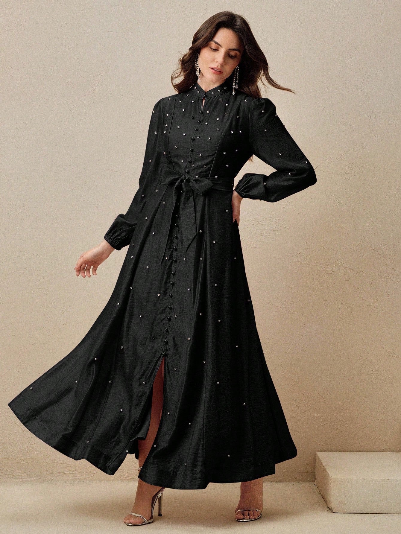 Women's Long Dress With 3D Rhinestone Decor