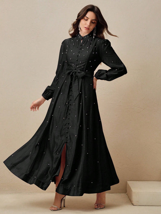 Women's Long Dress With 3D Rhinestone Decor