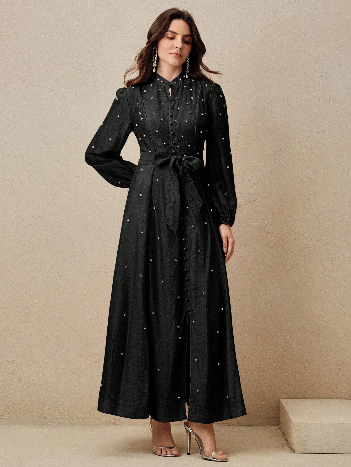 Women's Long Dress With 3D Rhinestone Decor