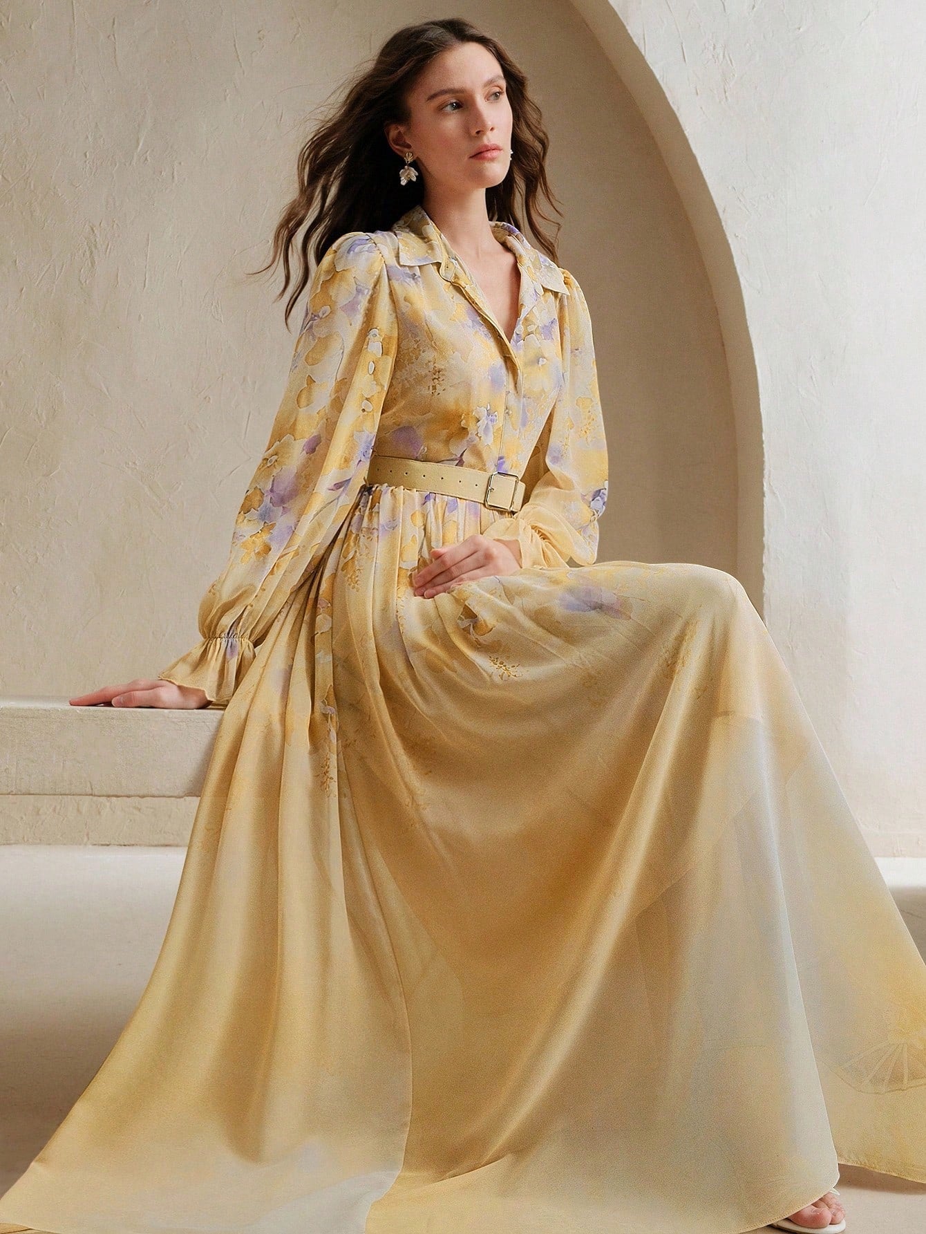 French Design Tie Dye Print Yellow Dress