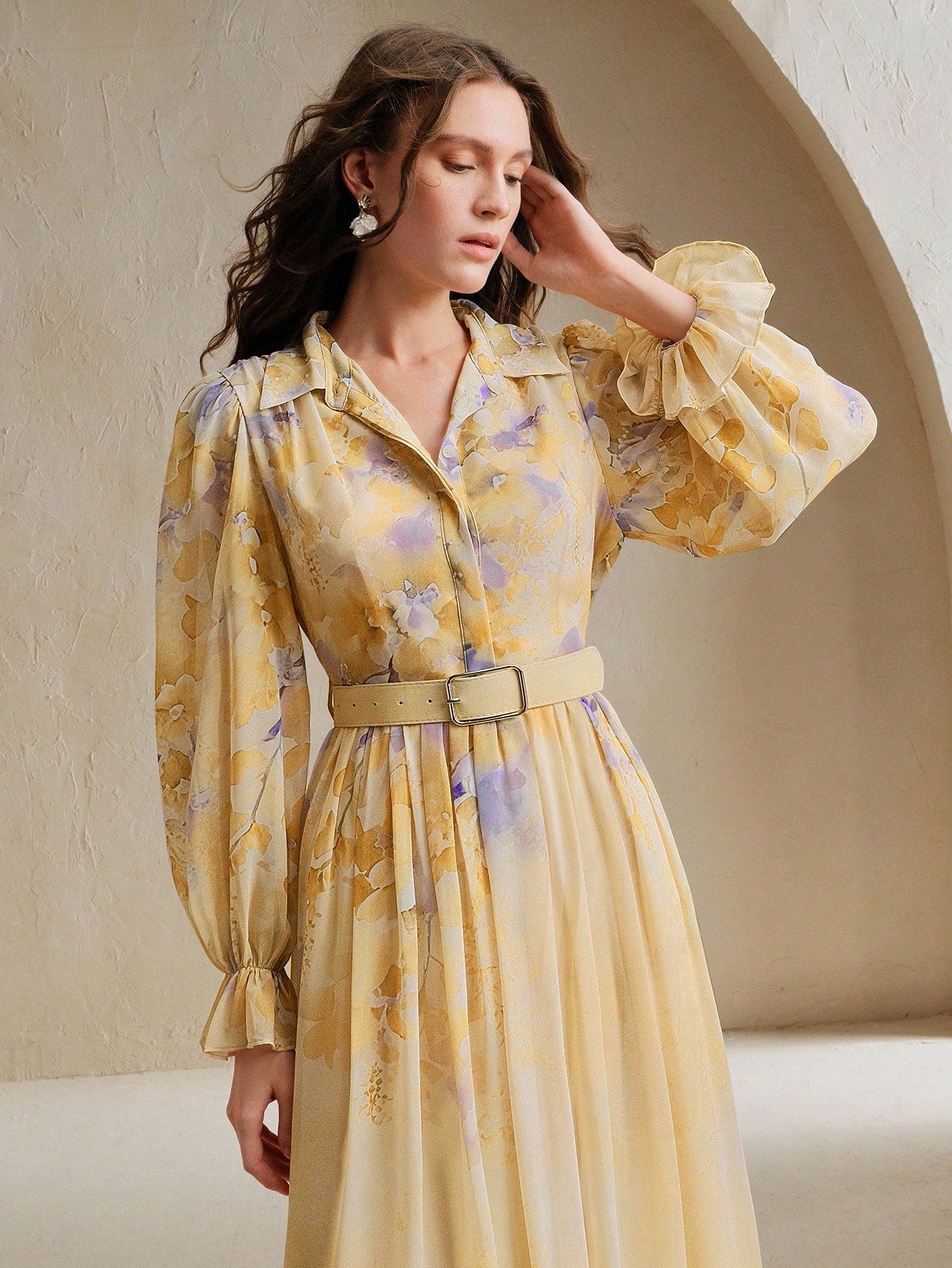 French Design Tie Dye Print Yellow Dress