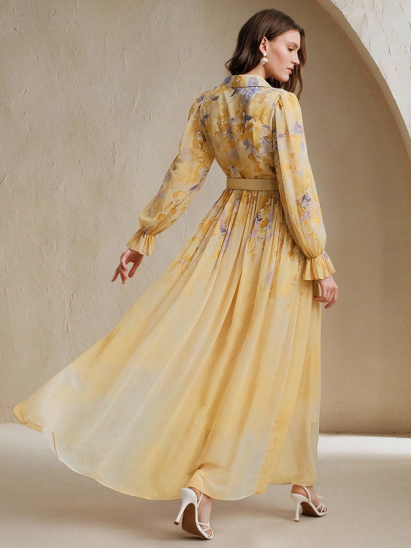 French Design Tie Dye Print Yellow Dress