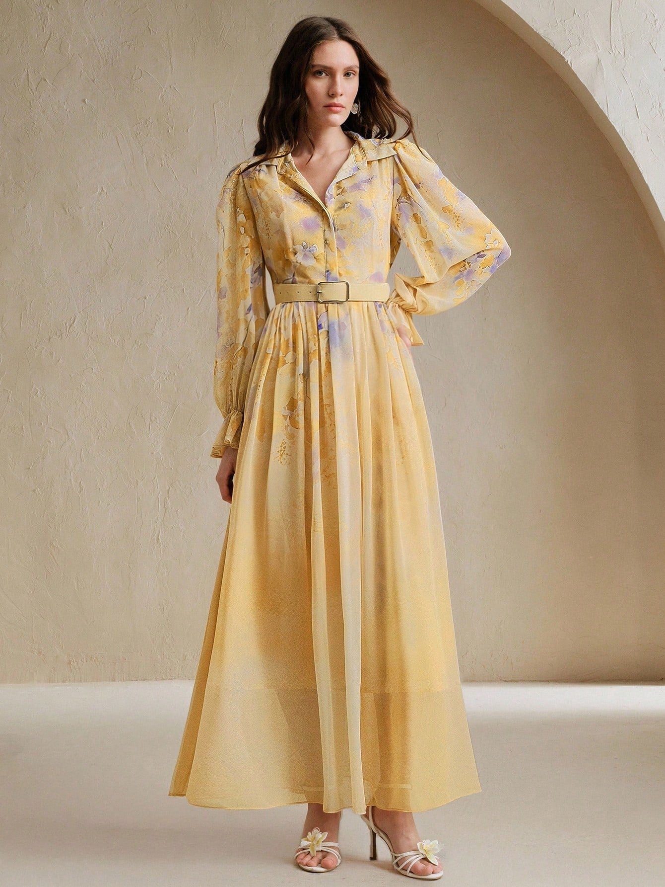 French Design Tie Dye Print Yellow Dress