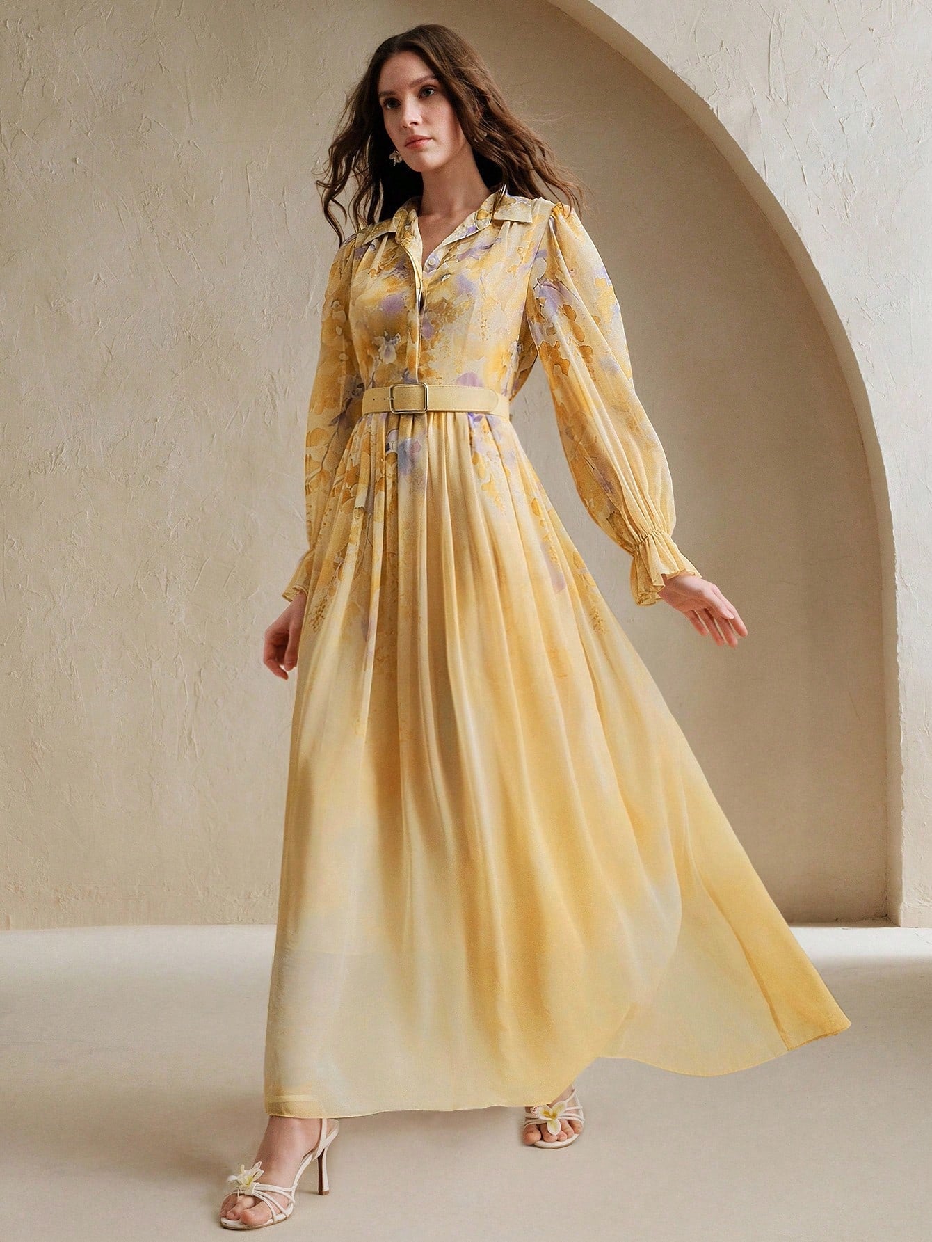 French Design Tie Dye Print Yellow Dress