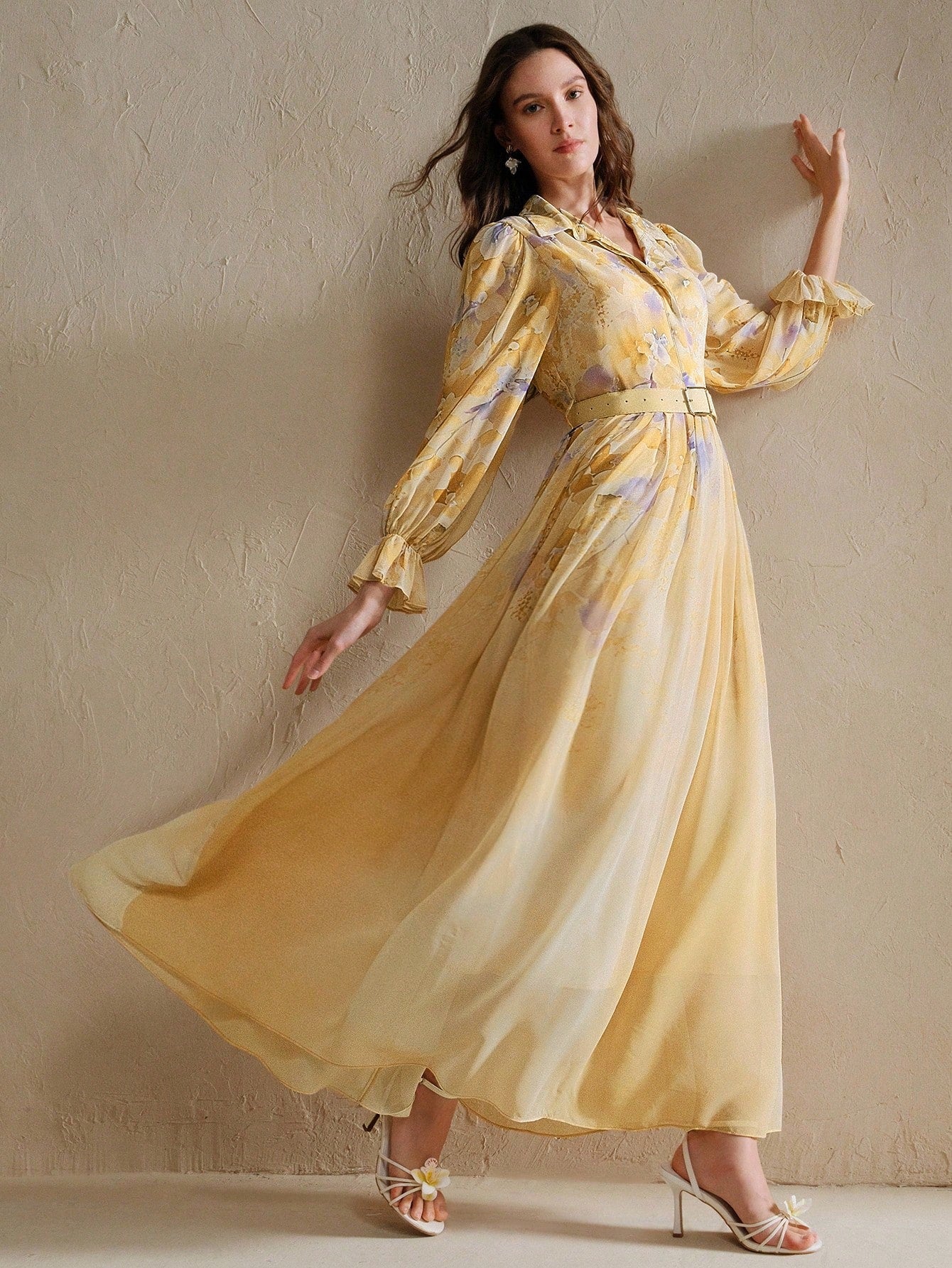French Design Tie Dye Print Yellow Dress