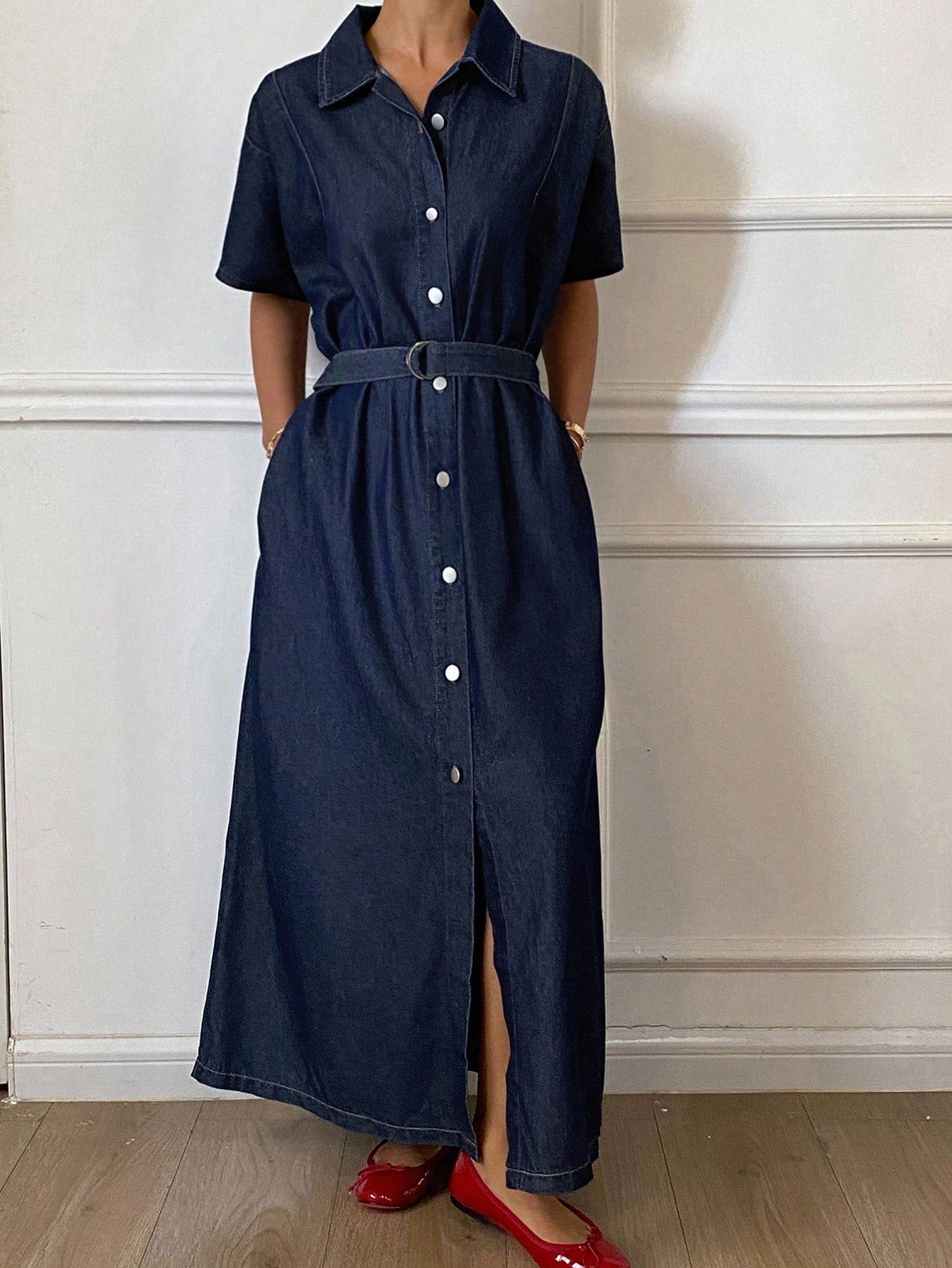 Women's Summer Collared Waist Cinched Short Sleeve Denim Dress