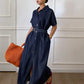 Women's Summer Collared Waist Cinched Short Sleeve Denim Dress