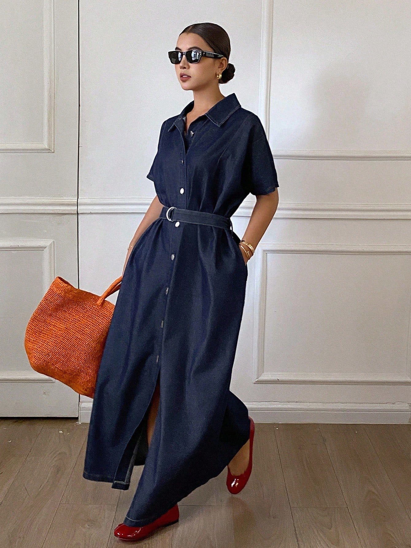 Women's Summer Collared Waist Cinched Short Sleeve Denim Dress