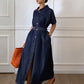 Women's Summer Collared Waist Cinched Short Sleeve Denim Dress