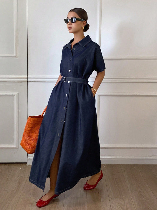 Women's Summer Collared Waist Cinched Short Sleeve Denim Dress