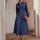 Solid Color Front Button Belted Long Denim Dress