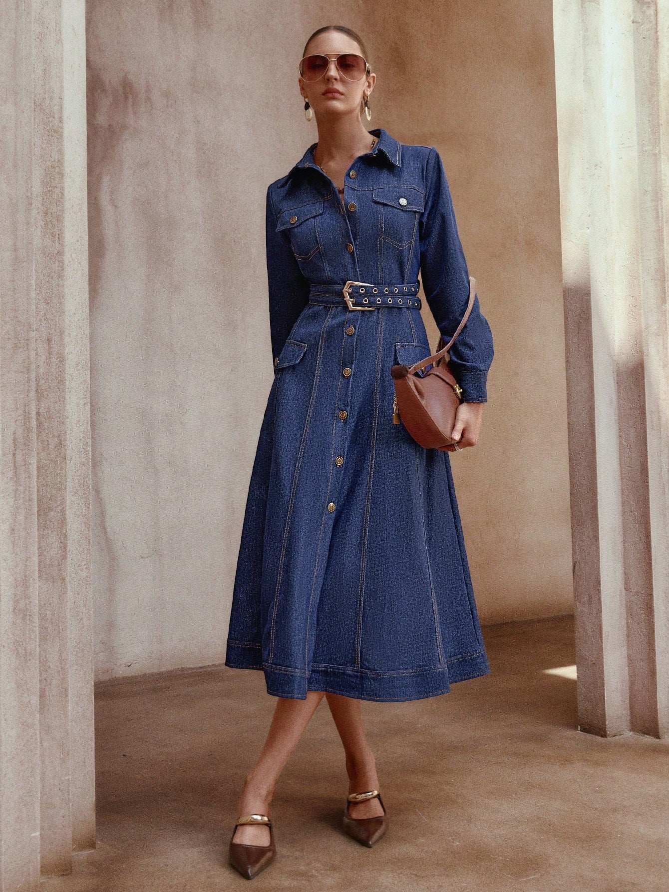 Solid Color Front Button Belted Long Denim Dress