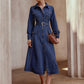 Solid Color Front Button Belted Long Denim Dress