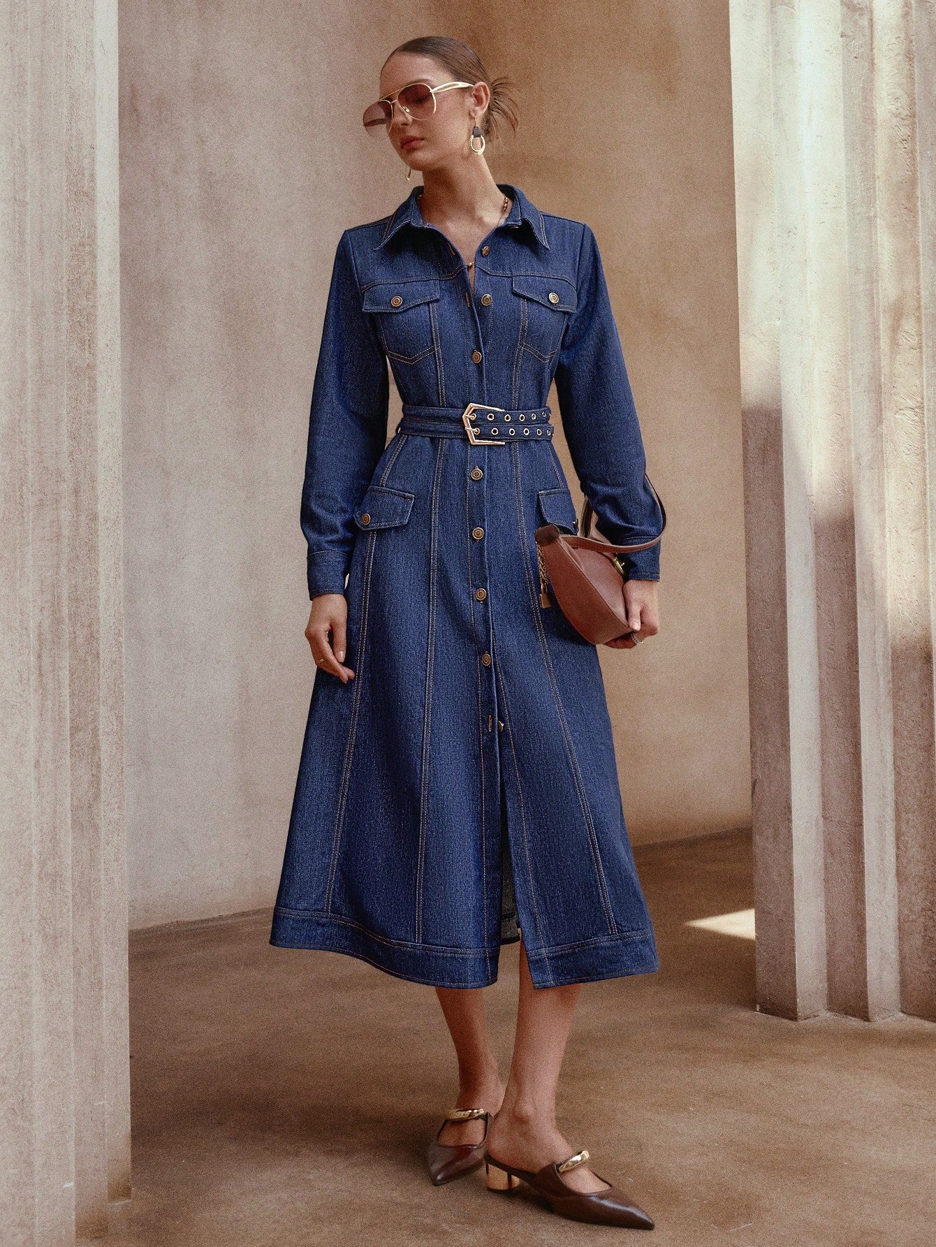 Solid Color Front Button Belted Long Denim Dress