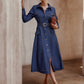Solid Color Front Button Belted Long Denim Dress