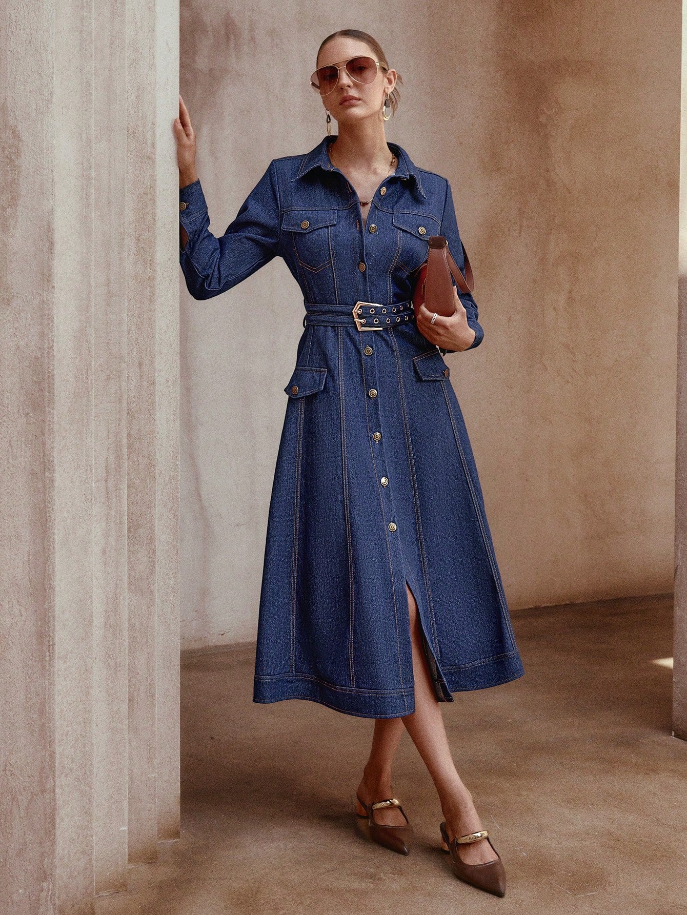 Solid Color Front Button Belted Long Denim Dress