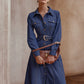 Solid Color Front Button Belted Long Denim Dress
