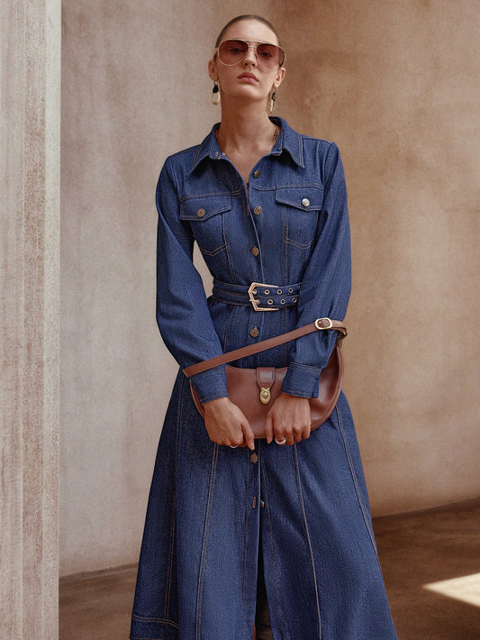 Solid Color Front Button Belted Long Denim Dress