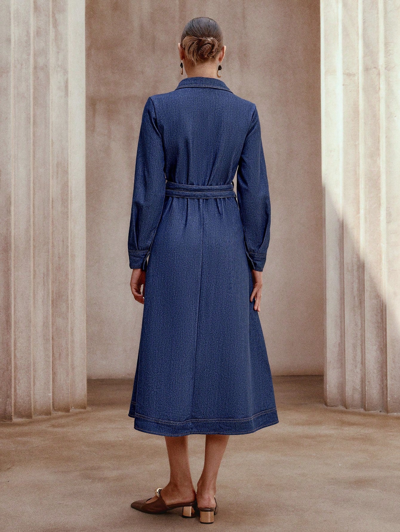 Solid Color Front Button Belted Long Denim Dress