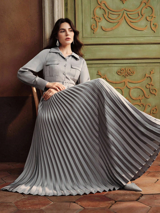 Collar Long Sleeve Pocket Belted Pleated Dress