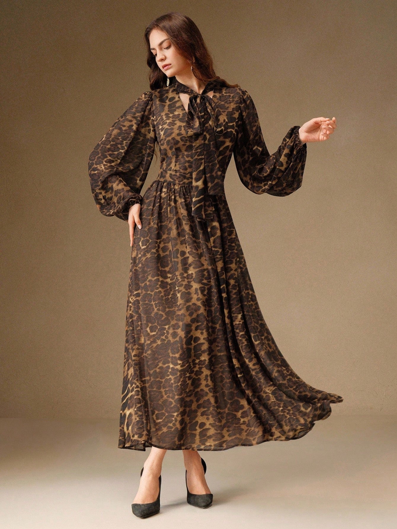 Leopard Print V-Neck Long Sleeve Cinched Waist Bow Dress