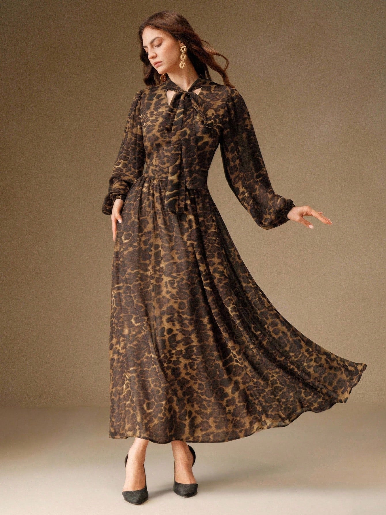 Leopard Print V-Neck Long Sleeve Cinched Waist Bow Dress