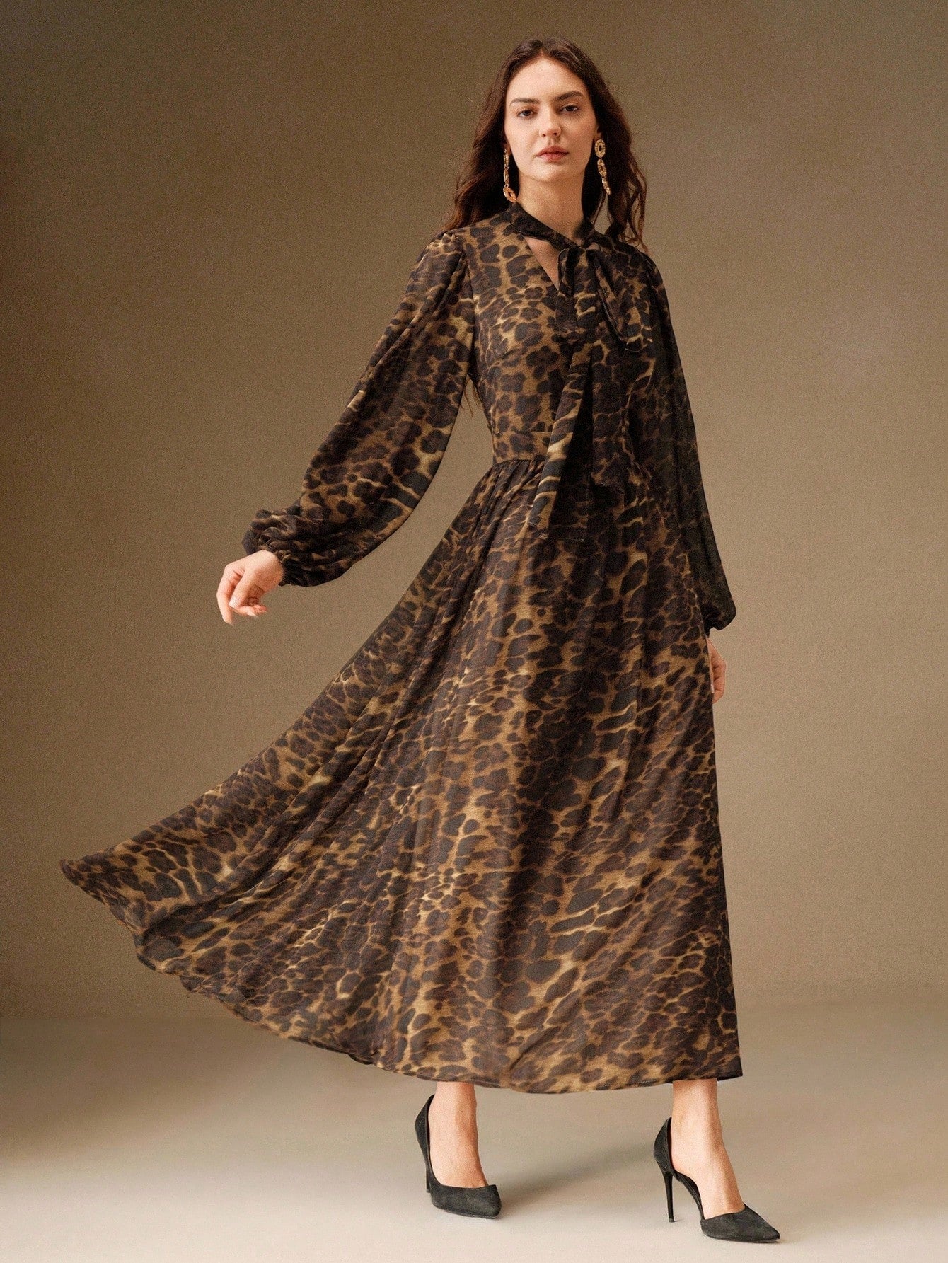 Leopard Print V-Neck Long Sleeve Cinched Waist Bow Dress