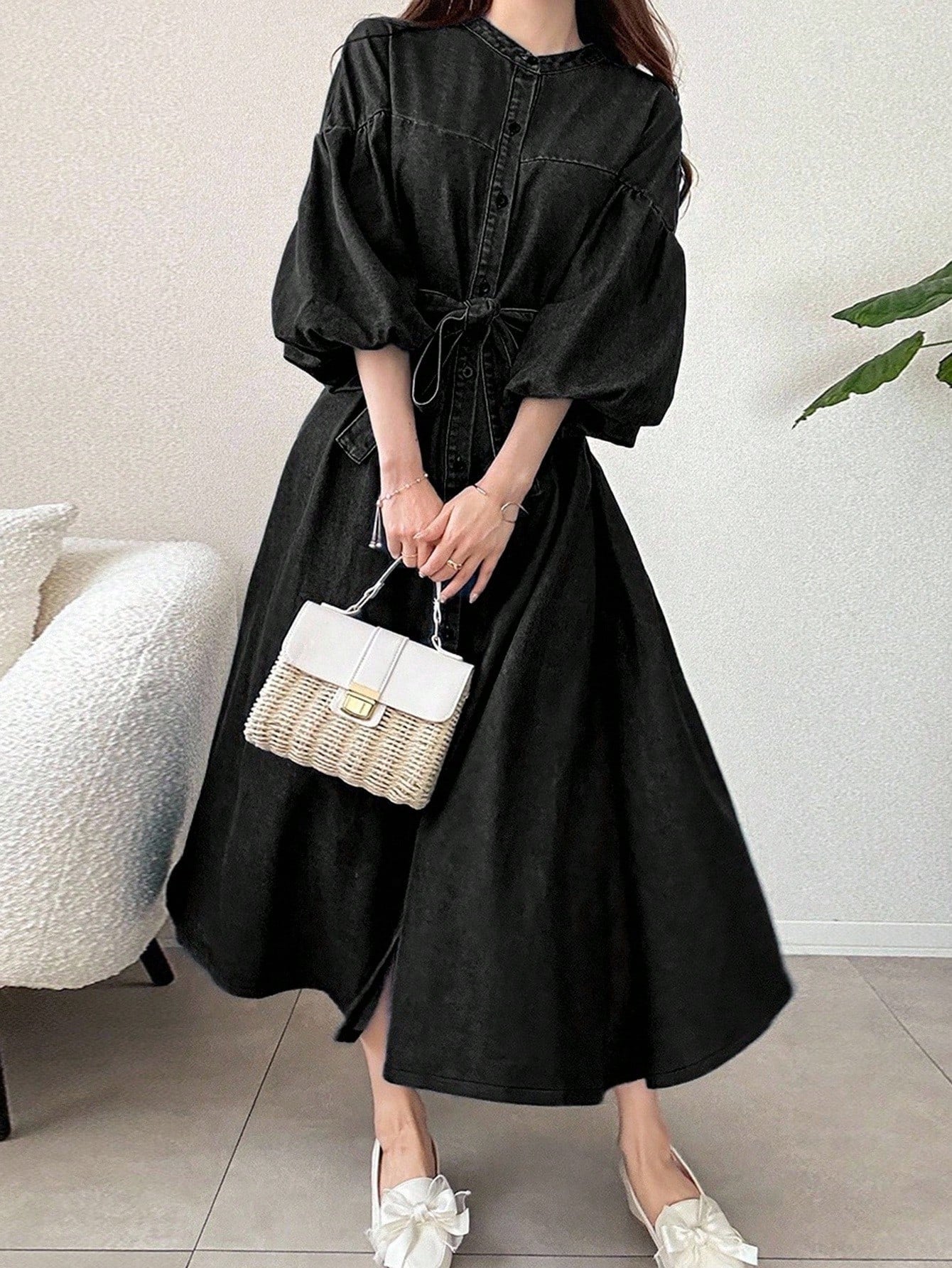 Denim Dress French Style Lantern Sleeves