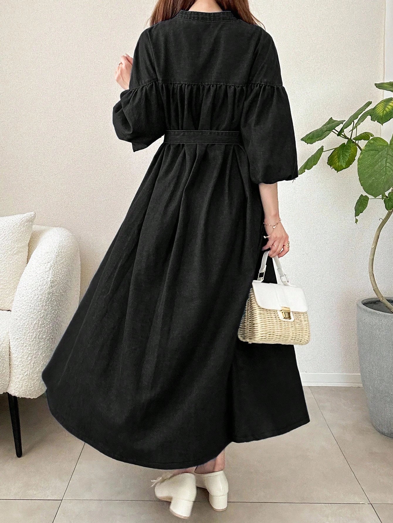 Denim Dress French Style Lantern Sleeves