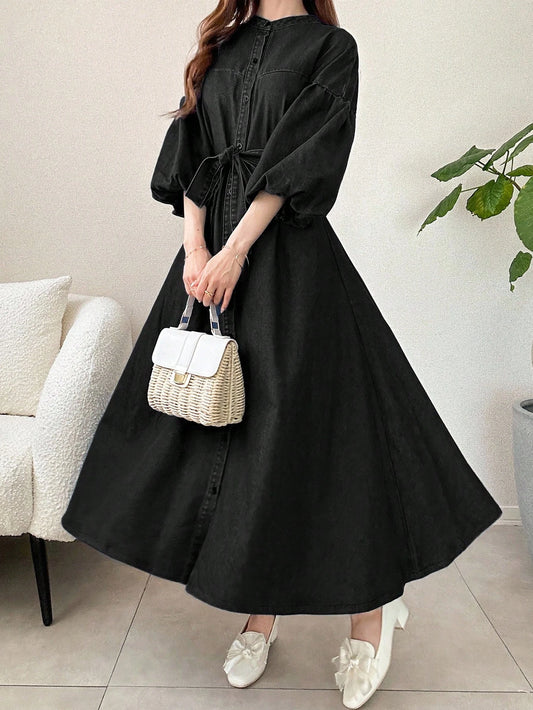 Denim Dress French Style Lantern Sleeves