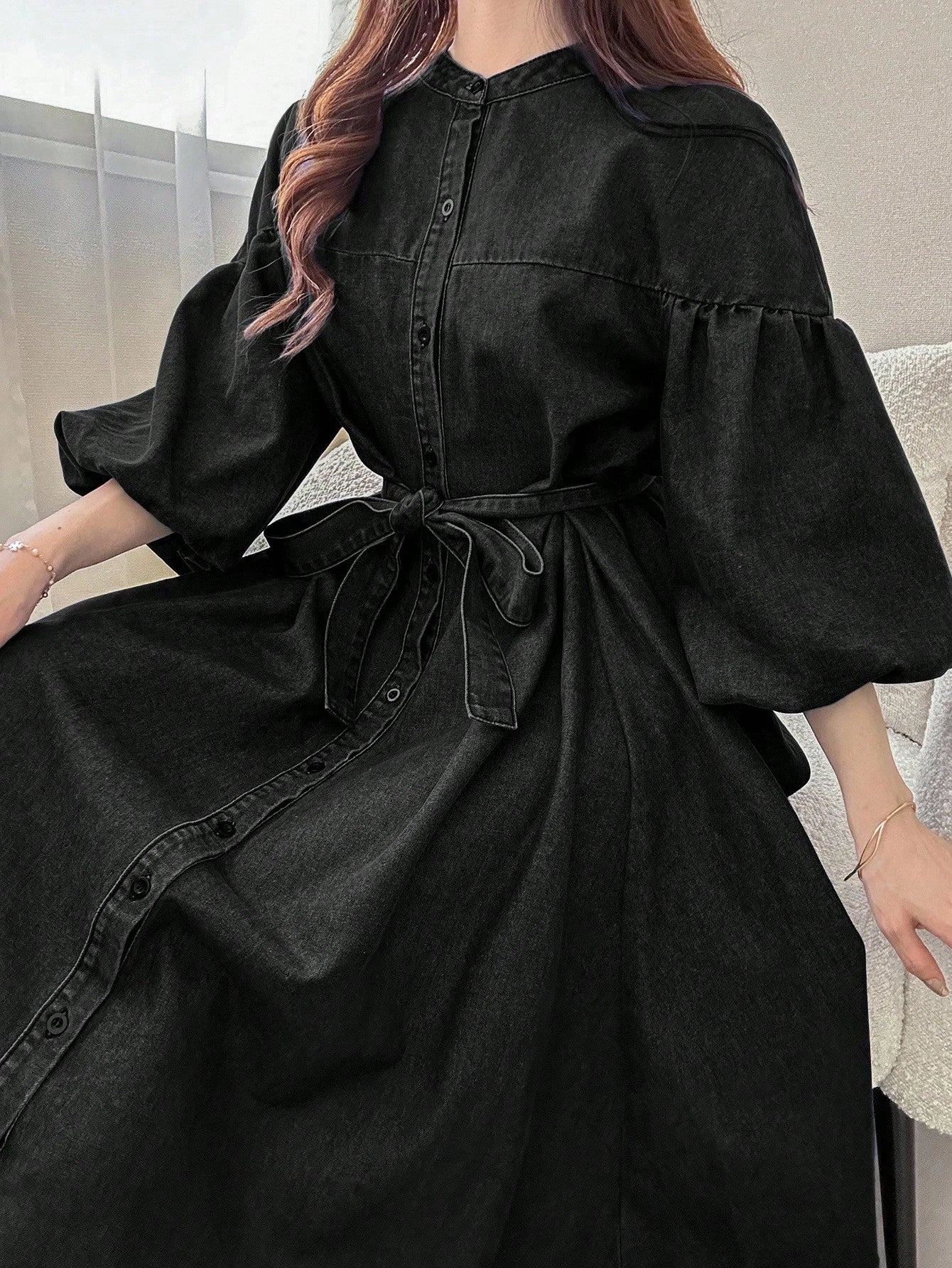 Denim Dress French Style Lantern Sleeves