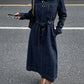 Women's Collared Long Sleeve Waist Cinched Denim Dress