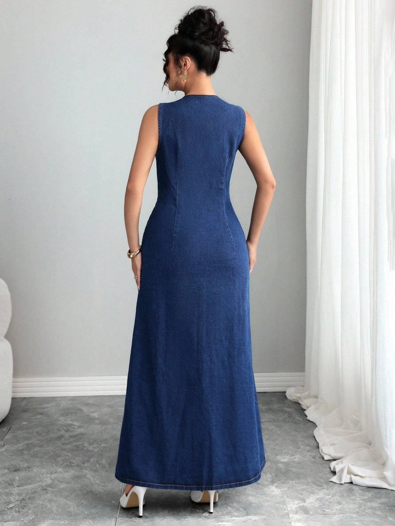 Mutton Sleeve Heart Collar Denim Dress