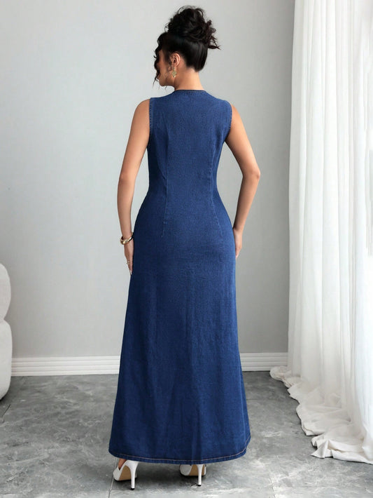 Mutton Sleeve Heart Collar Denim Dress