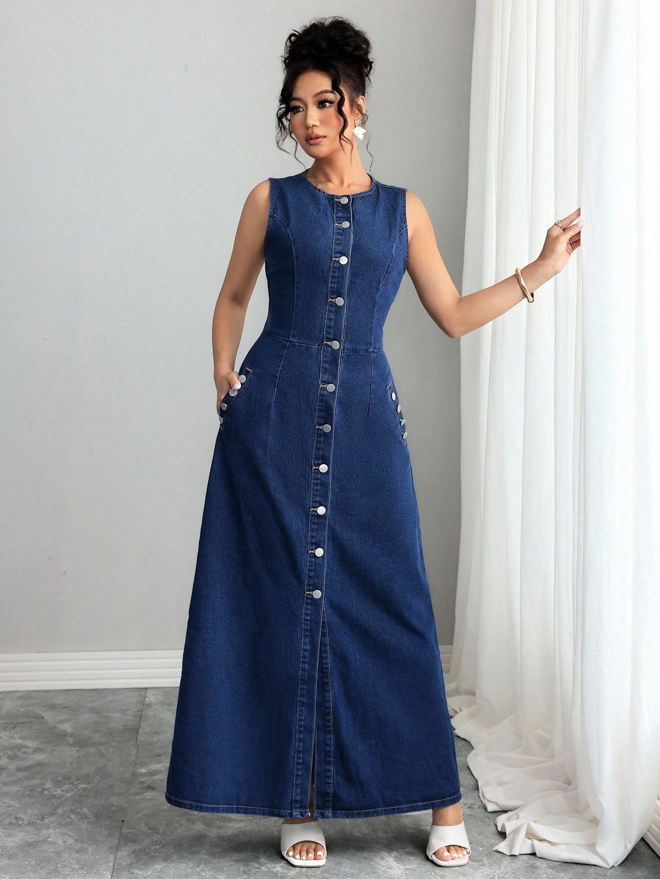 Mutton Sleeve Heart Collar Denim Dress