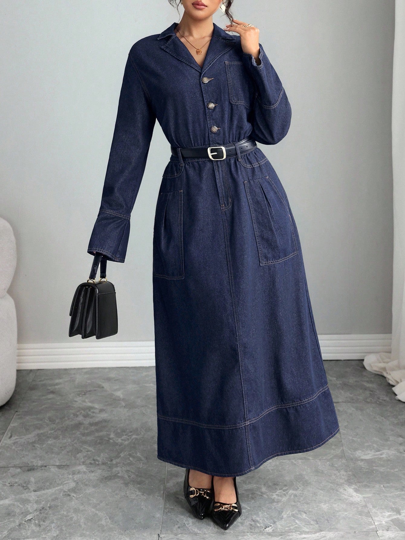 Denim Dress With Lapel Collar