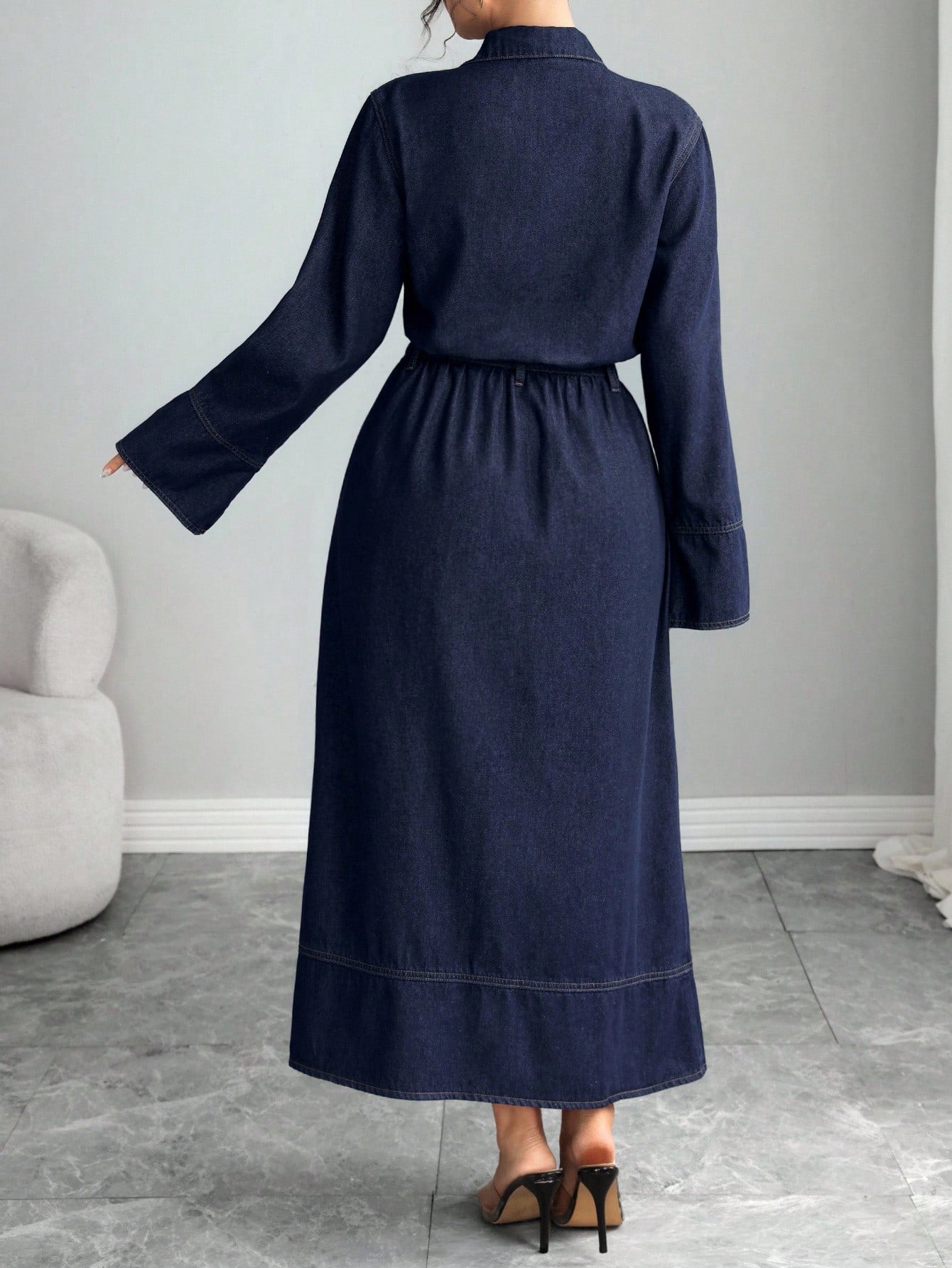 Denim Dress With Lapel Collar