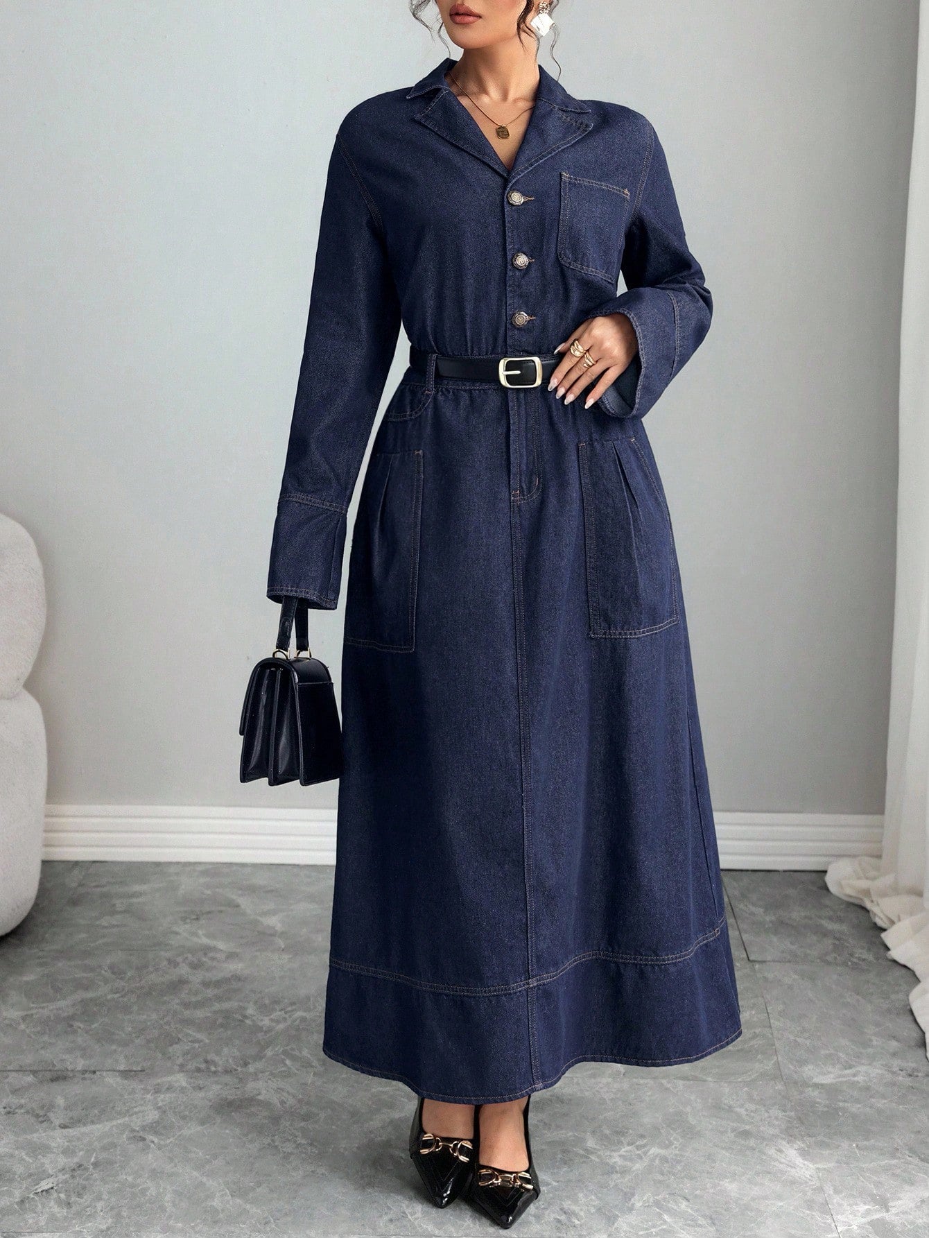 Denim Dress With Lapel Collar