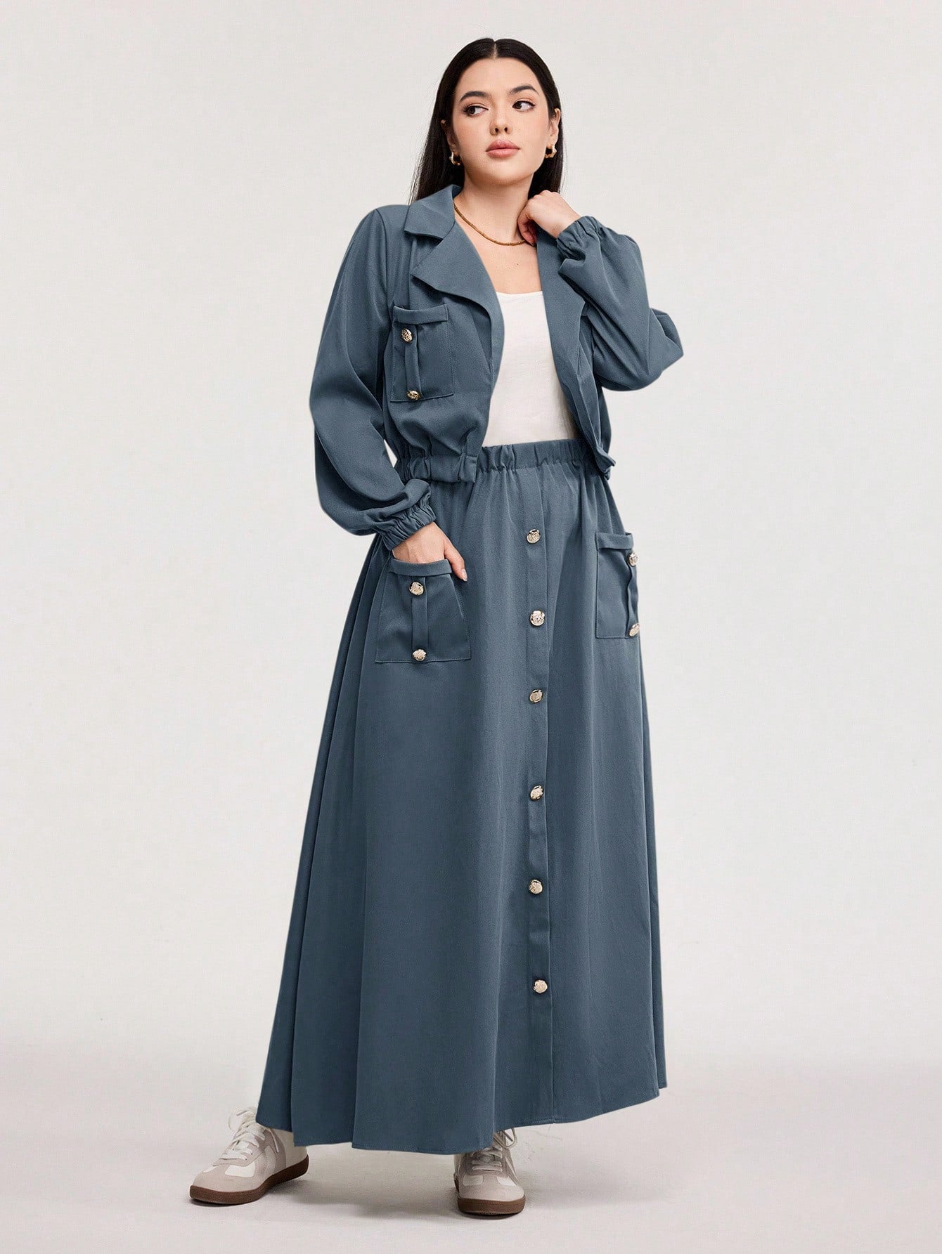 2pcs Set- Jacket With Stand Collar & Waist Gathering Skirt