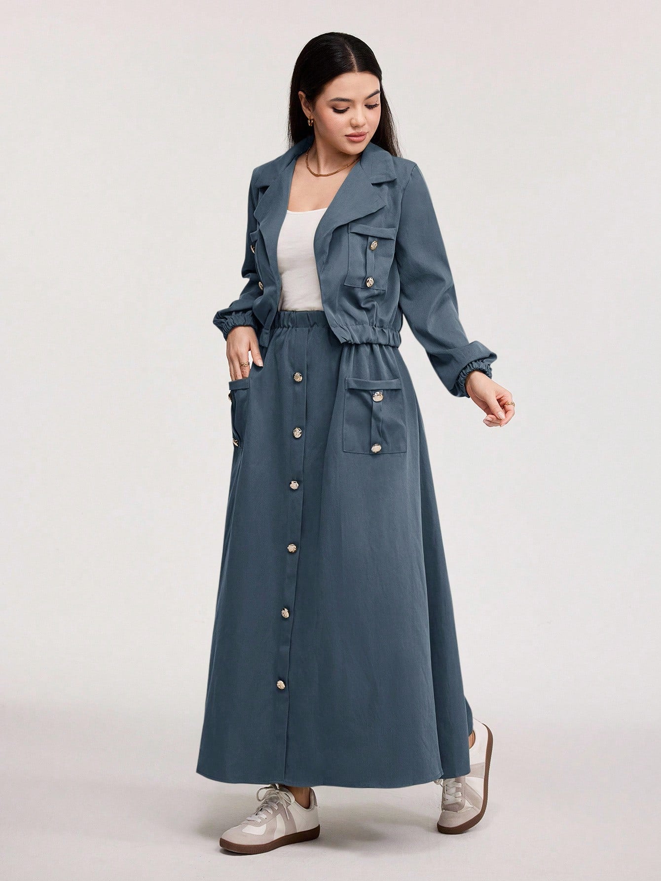 2pcs Set- Jacket With Stand Collar & Waist Gathering Skirt